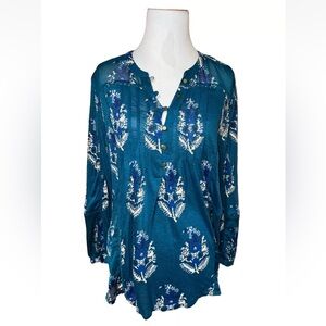 LUCKY BRAND Dark Teal Print Blouse Sheer Panels Size Medium